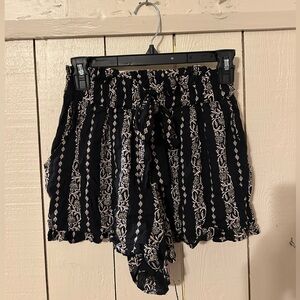 Angie Black Floral-Stripe High-Waist Drawstring Shorts